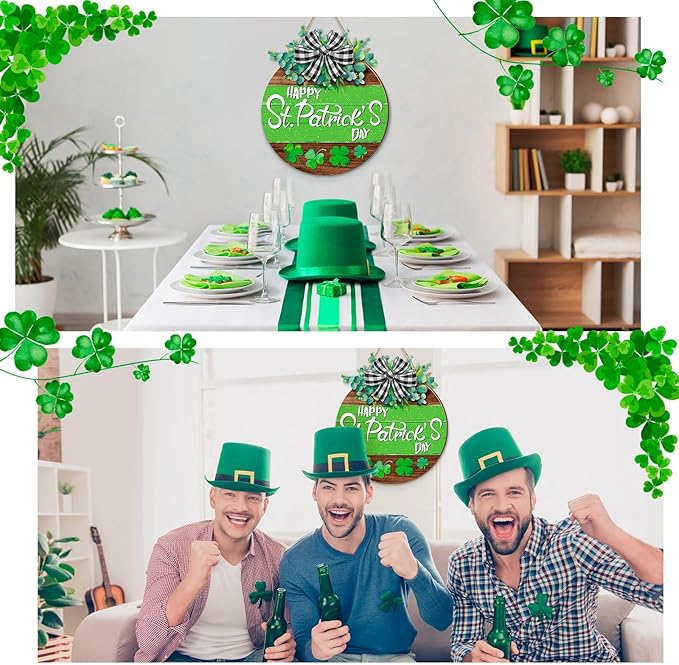 Boao St. Patrick's Day Shamrock Door Wreath Wooden Hanging Decor Farmhouse Rustic Door Decoration St. Patrick's Day Wreath Sign with Bow Ornament for Irish Home Indoor Holiday Outdoor Farmhouse Window