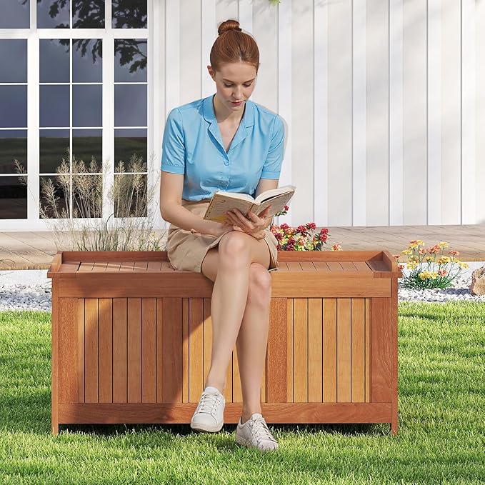 Tangkula 58 Gallon Wood Deck Box, 3-in-1 Patio Storage Bench Stool w/Flip Top for Cushions, Pool Supplies, Gardening Tools, Outdoor Container Chest for Garden, Backyard, Poolside
