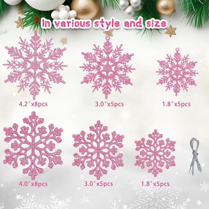 36pcs Christmas Light Pink Snowflake Ornaments Plastic Glitter Snow Flakes Ornaments for Winter Christmas Tree Decorations Size Varies Craft Snowflakes