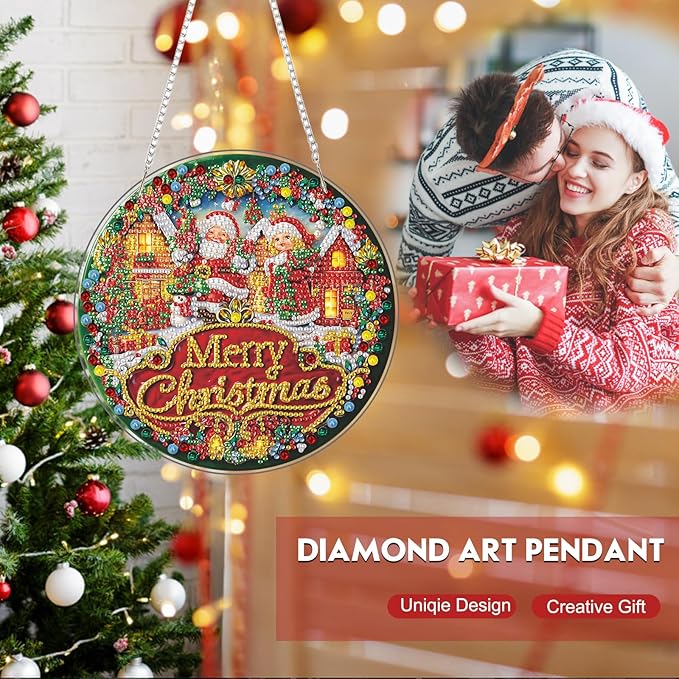 Diamond Art Hanging Kit for Adult, Merry Christmas, DIY Special Shaped Crystal Acrylic Diamond Art Painting Window Pendants, Santa Claus Sign, Diamond Painting Ornament for Home Garden Wall decor