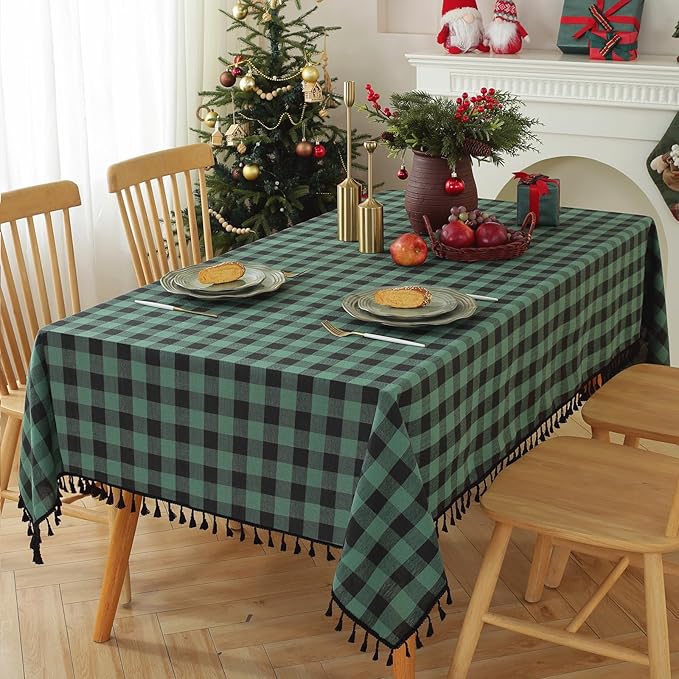 JIALE Gingham Tablecloth Square Cotton Linen Fabric Checkered Table Cloth with Tassel Washable Wrinkle Free Buffalo Plaid Table Cover for Christmas Tablecloth, Kitchen Dining, Green and Black, 55x55