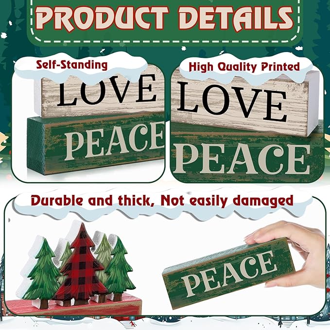 4 Pcs Christmas Table Decor Christmas Tree Centerpiece Joy Peace Love Sign Rustic Decorative Tree Block Signs Gift Winter Tiered Tray Decor Farmhouse for Home Xmas Party Kitchen Shelf