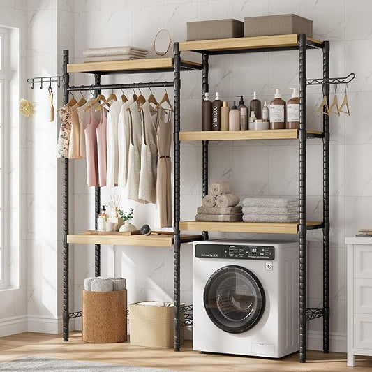 5-Tier Over-The-Washer Shelf - Adjustable 28" Laundry Organizer with 100lb Double Wood Shelves, Space-Saving Storage Unit for Small Homes (Natural & Black)