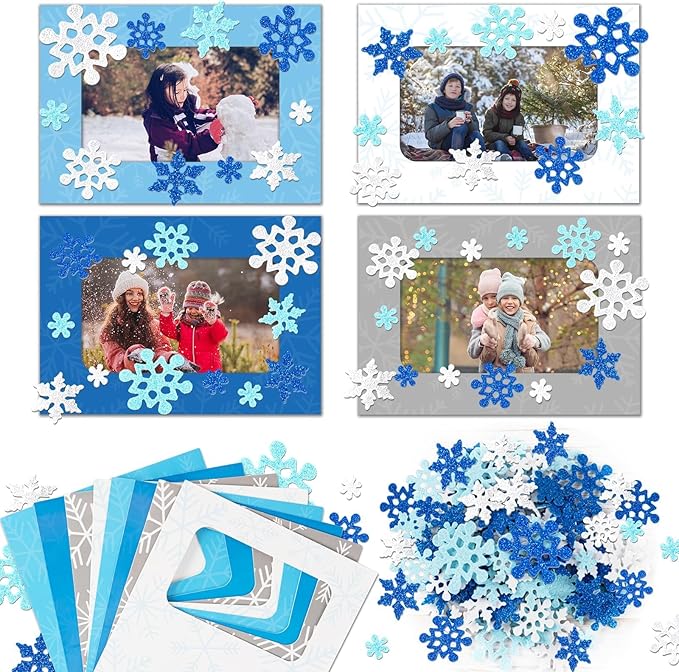 28 Packs Winter Picture Frame Craft Kits for Kids, Christmas Holiday DIY Photo Frame Crafts Snowflake Hanging Ornaments for Xmas Tree Winter Holiday Art Party Favor Home Classroom Game Activities