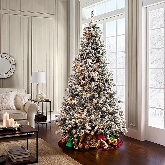 6ft Lighted Artificial Christmas Tree, 250 Multicolor LED Lights, Snow Flocked Christmas Tree with 1032 PVC Tips, Metal Base & Hinged Branches for Holiday, 10 Modes