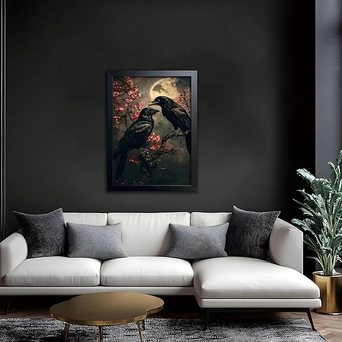 Black Wood Framed Halloween Canvas Wall Art Painting, Vintage Black Crow Cherry Blossom Wall Decor Picture, Dark Academia Gothic Poster Print Photo for Living Room Bedroom Office Decor 16x24 Inch