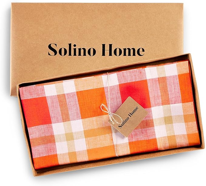Solino Home Linen Tablecloth 60 x 120 Inch - 100% Pure Linen Plaid Pumpkin Table Cloth for Rectangle Tables - Autumn, Halloween, Thanksgiving, Fall Buffalo Check Machine Washable Tablecloth