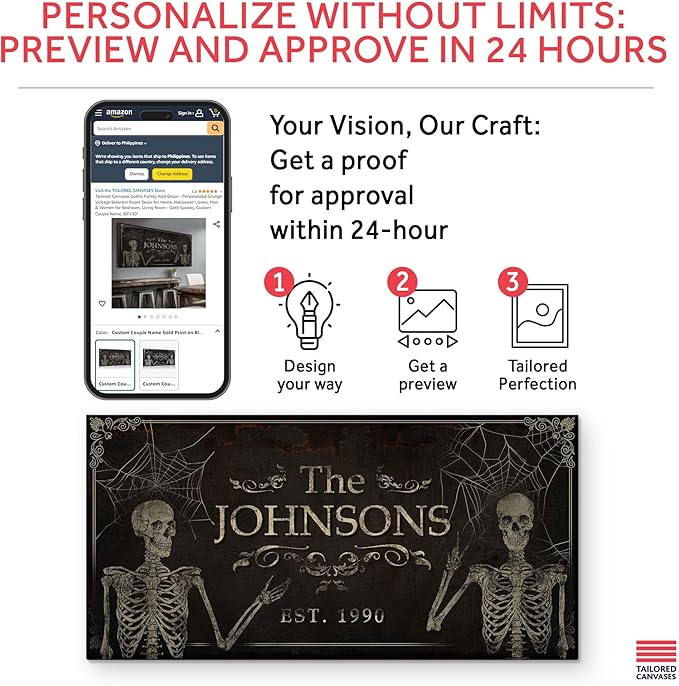 Tailored Canvases Gothic Family Wall Decor - Personalized Grunge Vintage Skeleton Room Decor for Home, Halloween Lovers, Men & Women for Bedroom, Living Room - Goth Spooky, Custom Couple Name, 48"x24"