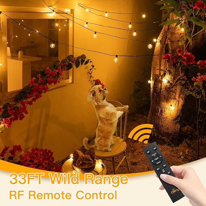 Ollny 60FT Solar Lights Outdoor, Waterproof Remote Control Dimmable Timers 3Modes String Light with 25 LED + 2 Spare Shatterproof Bulb, G40 Patio Lights for Outside Garden Yard Fence Porch