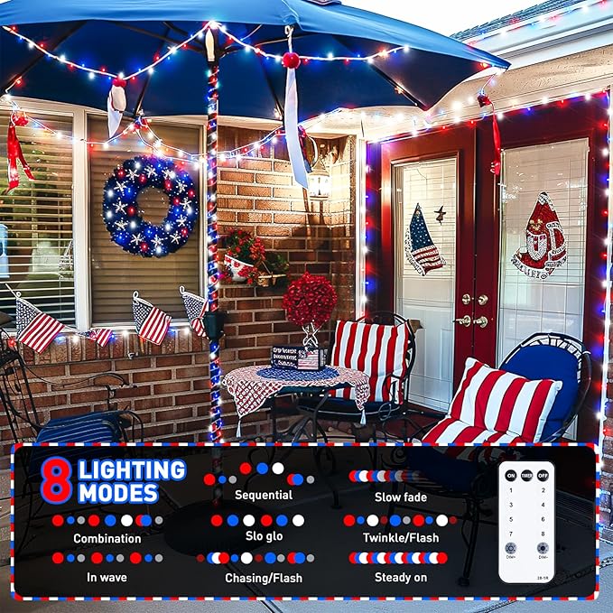 JMEXSUSS 600 LED Red White and Blue Lights Outdoor Plug in, 4th of July Decorations Outdoor Lights for Memorial Day Patriotic American Holiday Tree Party Independence 4th of July Decor