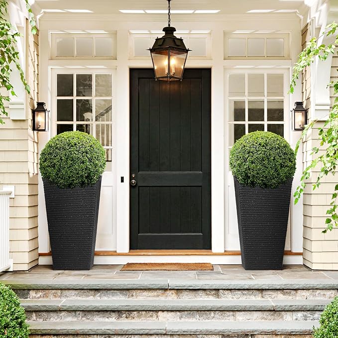 Tall Black Planter Set of 2 for Outdoor Indoor Plants,21.3in Large Tapered Plant Pots with Drainage Trays Holes,Resin Extra-Thick Flower Pots for Outdoor Patio Front Porch Backyard Decor