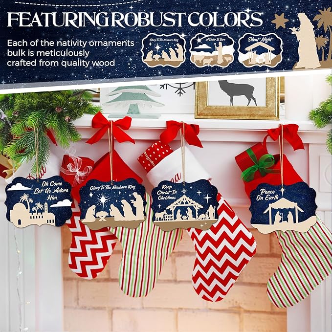 Soaoo 60 Pcs Nativity Scene Christmas Tree Ornament Christian Religious Ornaments Bulk Round Nativity Xmas Tree Hanging Wooden Decorations for Garden Yard Outdoor Home (Square Style)