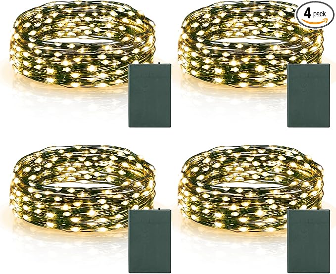 4 Pack Christmas Fairy Lights Battery Operated, 16.4FT 50 LED Dark Green Wire Twinkle Lights with Auto Timer Waterproof, Outdoor String Lights for Indoor Outdoor Bedroom Yard Decor (Warm White)