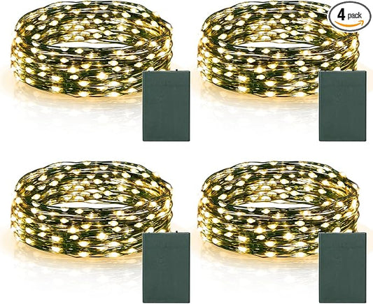 4 Pack Christmas Fairy Lights Battery Operated, 16.4FT 50 LED Dark Green Wire Twinkle Lights with Auto Timer Waterproof, Outdoor String Lights for Indoor Outdoor Bedroom Yard Decor (Warm White)