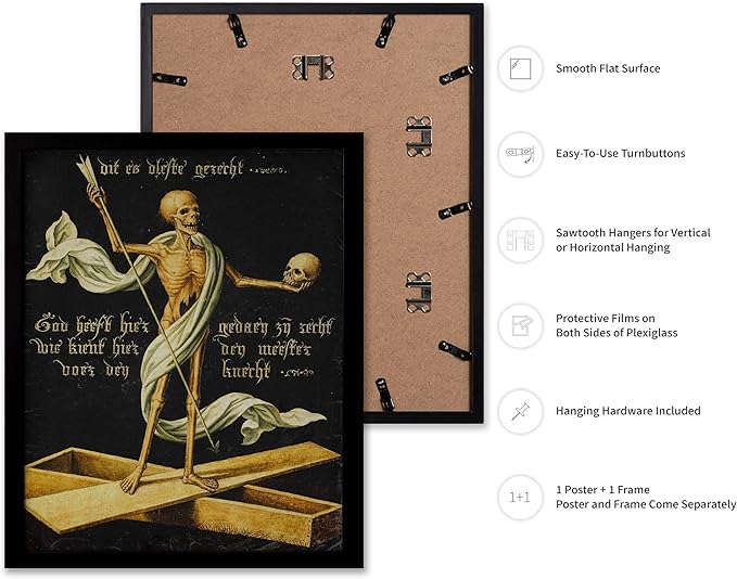 Poster Master Vintage Medieval Poster - Retro Gothic Print - Gift for Artist, Friend - Allegory of Life and Death, Skeleton, Dark, Skull - Wall Decor for Home, Living Room, 11x14 Black Framed