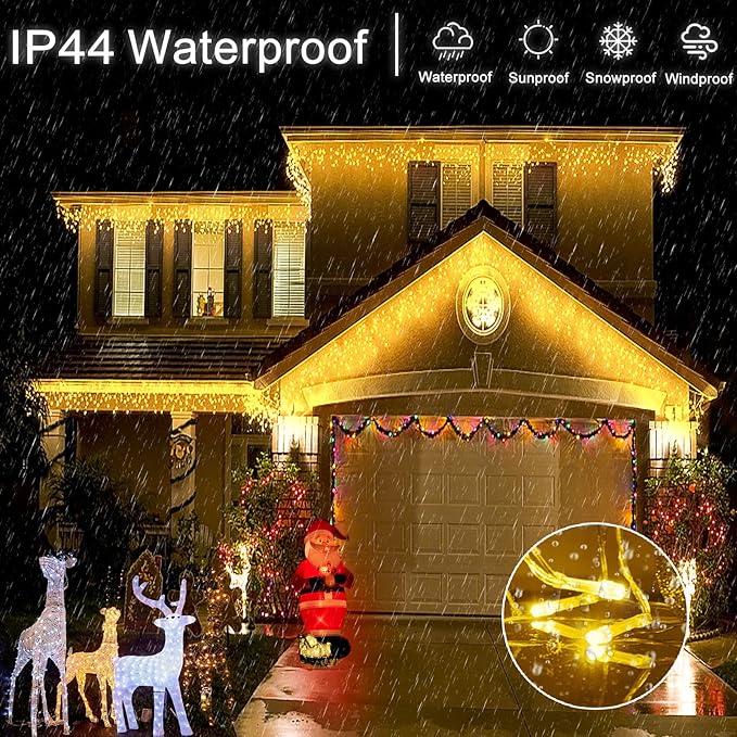 Icicle Lights for Outside 99ft 1216 LED Christmas Lights Outdoor 8 Modes with 228 Drops, Waterproof Plug in Fairy String Lights for Party, Holiday, Wedding, Christmas Decoration, Warm White