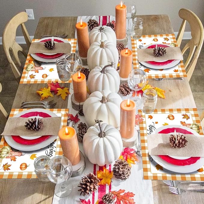 Paper Placemats Disposable 50 Pack Autumn Gnome Pumpkin Placemats 16x 11 Inch Thanksgiving Day Farmhouse Orange Buffalo Plaids Table Mats for Home Party Kitchen Dining Table Decoration