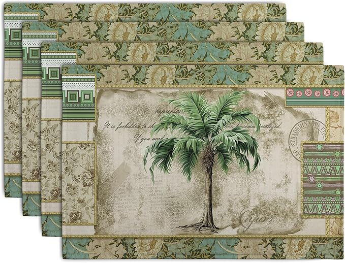 Tropical Palm Tree Placemats Set of 4 Summer Vintage Green Leaf Kitchen Table Mat 12x18 Inch Hawaii Beach Jungle Plant Tree Heat Resistant Washable Linen Place Mats for Dining Tables
