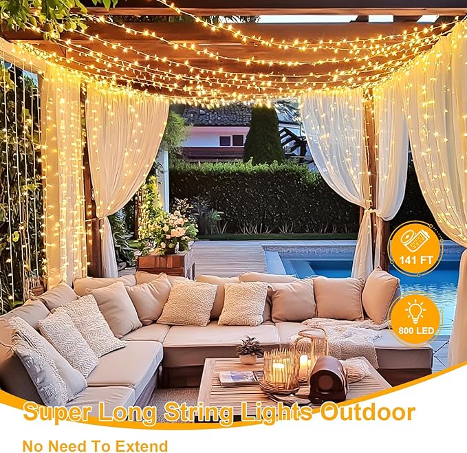 JMEXSUSS 800 LED Christmas Lights Outdoor Indoor String Lights with 8 Modes Warm White Plug in for Patio Garden Tree Wedding Party Yard Spring Decoration