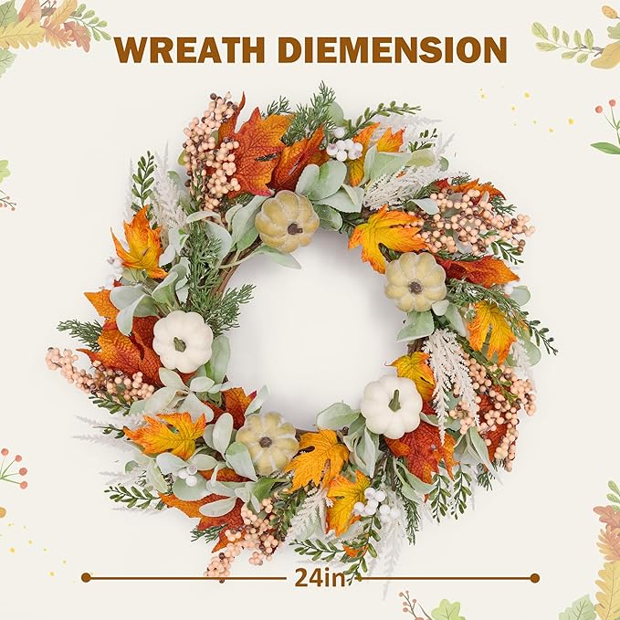 GENMOUS 24inch Fall Wreaths for Front Door, Maple Leaves Autumn Wreath Eucalyptus Berries Pumpkins Lamb Ears Leaves, Porch Wall, Home Outdoor Indoor Thanksgiving Halloween Harvest Holiday Fall Decor