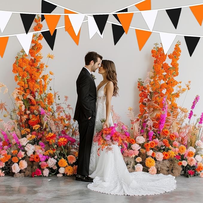 MARFOREVER Orange Black White Halloween Pennant Banner, 30Pcs Fabric Triangle Flags Bunting Garland Halloween Hanging Decorations for Garden Baby Shower Thanksgiving Wedding Outdoor Indoor Supplies