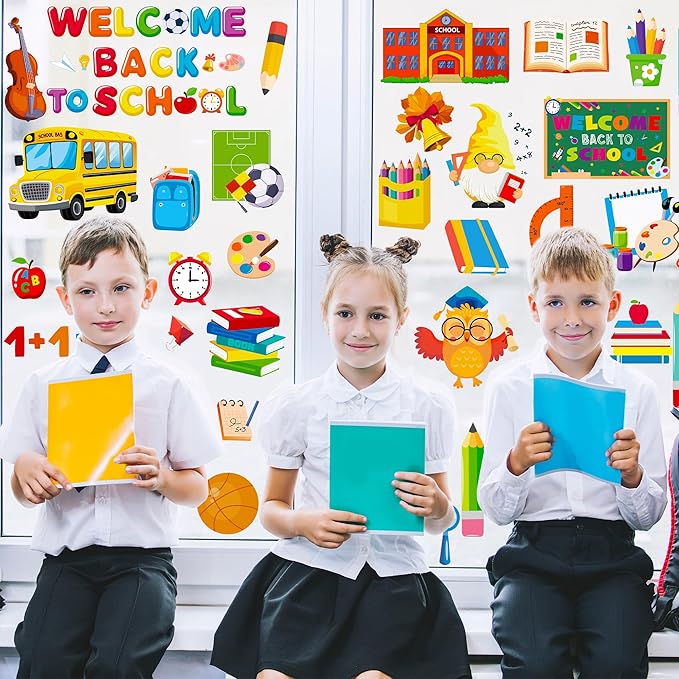 9 Sheets Back to School Window Clings, Double-Sided Window Clings for Classroom, Bus Apple Pencil First Day of School Book Window Stickers for First Day of School Decorations Supplies Decor