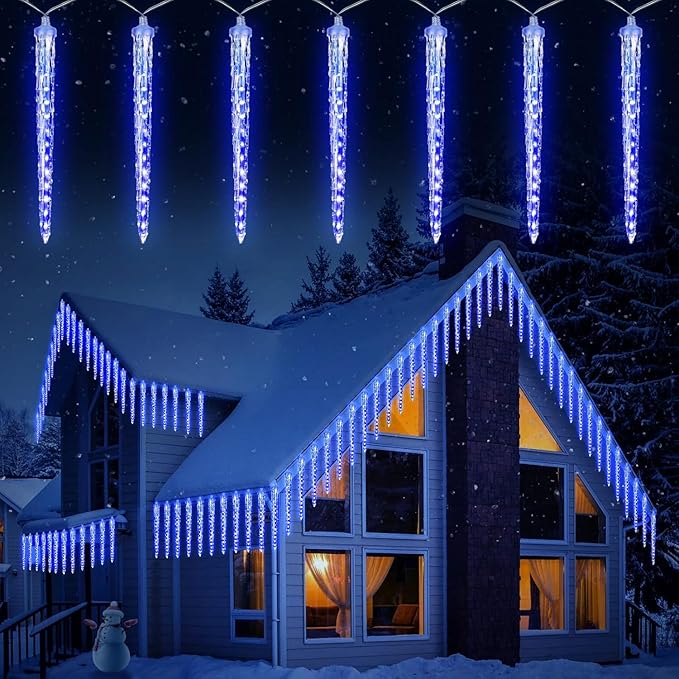 Brightown Christmas Meteor Shower Icicle Lights Outdoor, 30ft with 30 Tube 720 LED Dropping Effect, Waterproof Decorations for House Eave Roofline, Blue