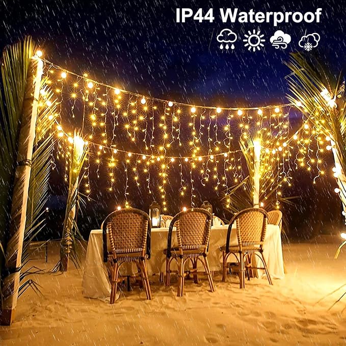 132ft Icicle Lights for Outside - 1280 LED Warm White Twinkle Lights with 240 Drops, 8 Modes Plug in Waterproof Timer Memory. Cannot be Extended. The Plug is in the Middle (66ft+66ft)
