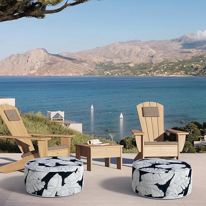 Inflatable Ottoman Stool D21 xH9 for Outdoor/Indoor Use, Water Repellent Patio Foot Rest Stool with Portable Handle,Round Pouf Ottoman Suitable for Garden,Deck and Camping - Black Leaves