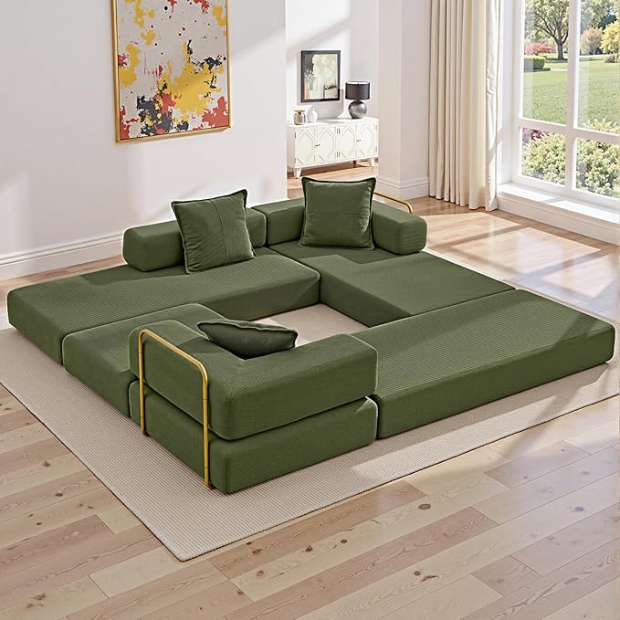 108" Oversized Convertible Sleeper Sofa Bed, Corduroy L Shape Sectional Couch, Folding Sofa Bed with Side Pocket, Modern Cloud Floor Mattress Couch, Modular Sofa for Living Room, Green
