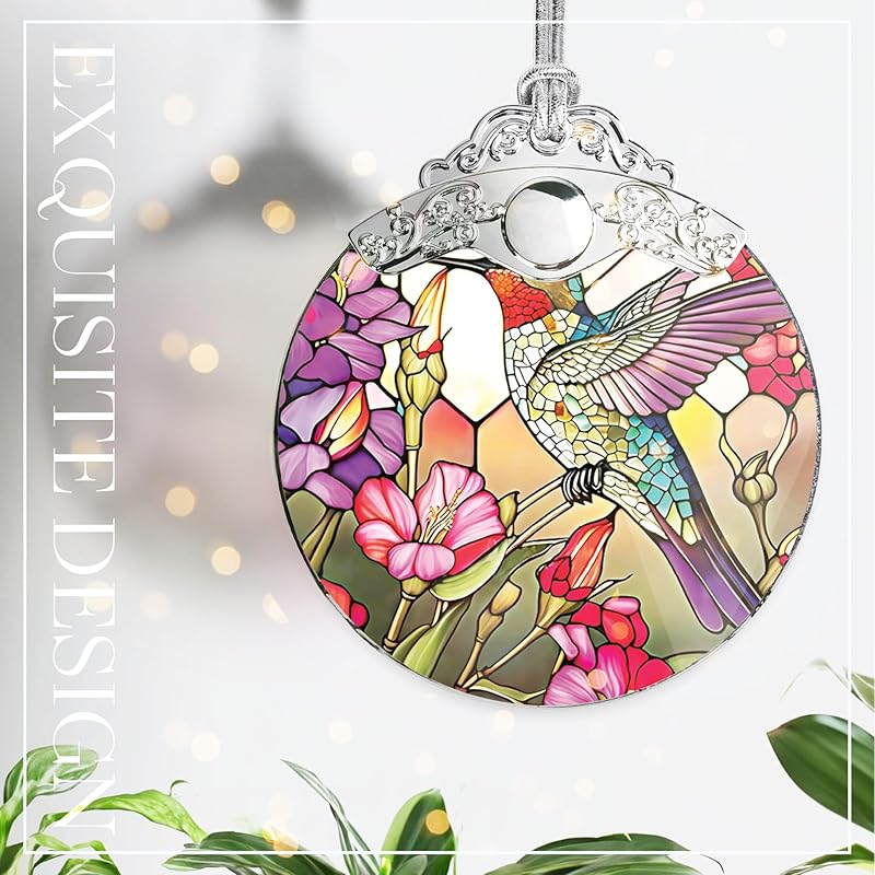 2025 Christmas Ornament, Stained Glass Effections, Christmas Tree 4 Inch Acrylic Ornament Art, White Elephant Gifts Car Interiors Decors, Christmas Decor (Radiant Hummingbird)