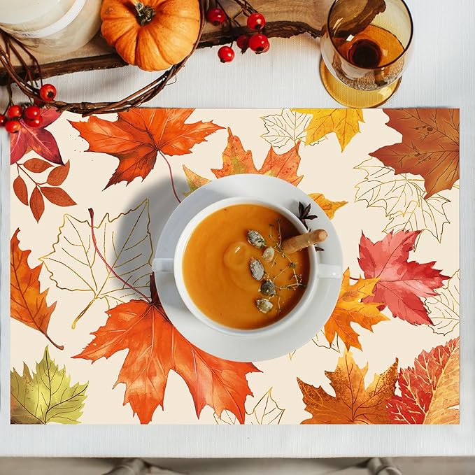 Paper Placemats Disposable 50 Pack Fall Maple Leaves Placemats 16x 11 Inch Thanksgiving Watercolor Yellow Leafs Autumn Table Mats for Home Party Kitchen Dining Table Decoration