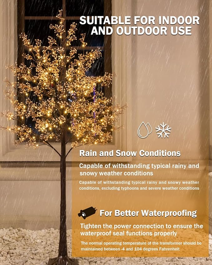 Lighted Baby's Breath Tree Set 4ft, 5ft and 6ft with 144/184/240 Warm White LED Lights for Holiday Decor - Dimmable, UL Certified, Waterproof - Ideal for Indoor and Outdoor Decoration