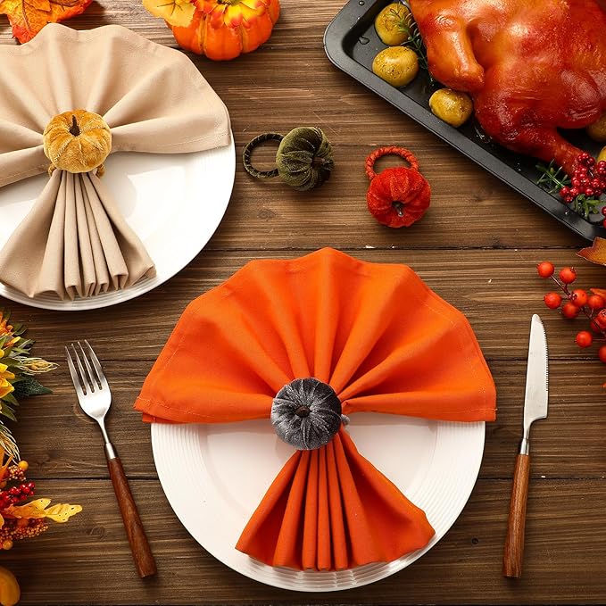 LemonRoad 12 Pcs Velvet Pumpkin Napkin Rings Bulk Fall Pumpkin Chic Napkin Holder Rings Buckle for Thanksgiving Day Xmas Holiday Birthday Anniversary Dinner Wedding Dining Table Decoration