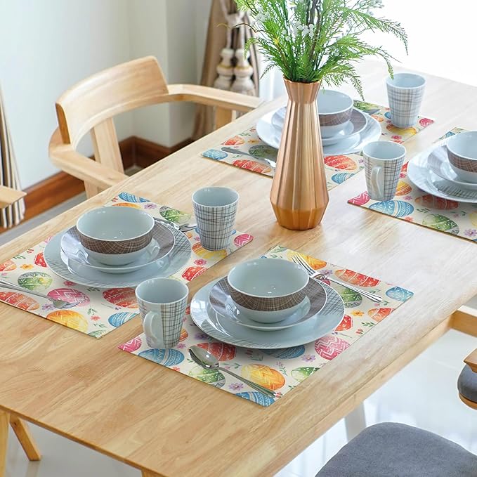 Easter Placemats Set of 4 Spring Colorful Easter Egg Floral Washable Non-Slip Heat Resistant Place Mats 12x18 Inch Rustic Linen Table Mats for Kitchen Dining Party Decor