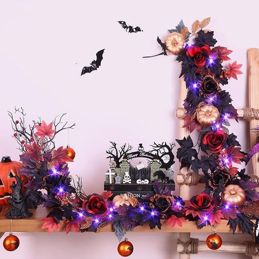 SHareconn 6FT Halloween Garland with Purple Lights Battery Operated and Timer, Pre-Lit Black Red Maple Leaves Lighted Garland Decorations for Fireplace Mantle Centerpiece Indoor Outdoor Decor, 6 FT