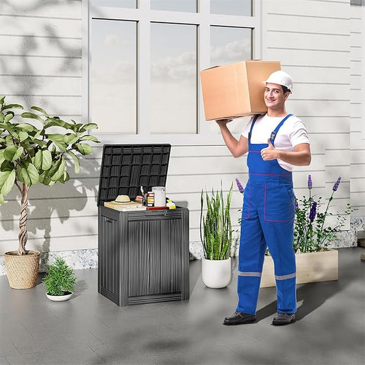 Outdoor Storage Box 28 Gallon, Deck Box Waterproof Resin with Lockable Lid, UV-Resistant Patio Storage Box for Pool Supplies, Garden Tools, Black