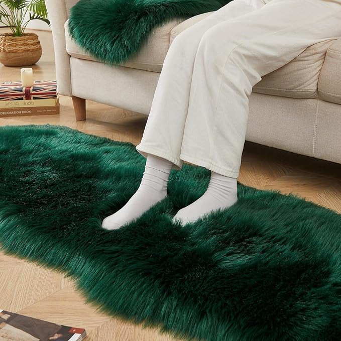AMTOVO Faux Sheepskin Rug, Dark Green Ultra Soft Fluffy Shag Area Rug, 2 x 6 ft Faux Fur Rug for Bedroom Sofa Throw Cushion Room Decor, Sheepskin