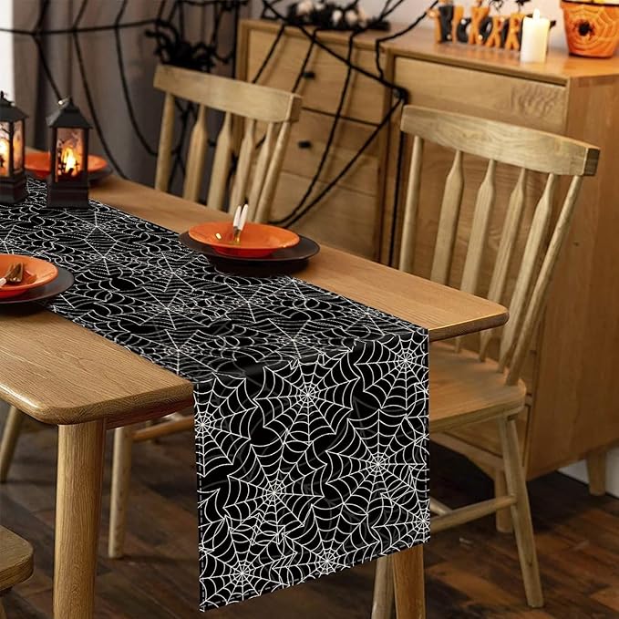 Halloween Table Runner Spider Web Black Linen Table Runners for Seasonal Holidays Indoor Outdoor Kitchen Dining Party Home Decor 13 x 60 Inch