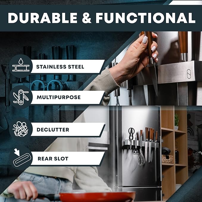 24" Magnetic Knife Holder for Wall with 2x Storage - Safe, Patented Storage Design - Stainless Steel Knife Magnetic Strip, Under Cabinet Knives Storage - Magnet Strip Rack Kitchen Utensil Organizer