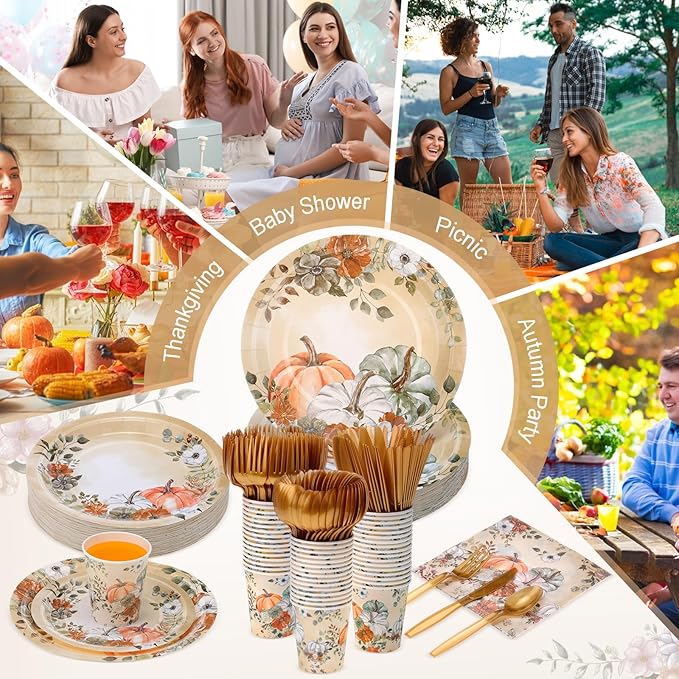 350 Pcs Thanksgiving Fall Party Supplies Dinnerware Set Disposable Plates Napkins Paper Cups Plastic Cutlery for Autumn Thanksgiving Harvest Party Decor Serves 50 (Pumpkin Floral)