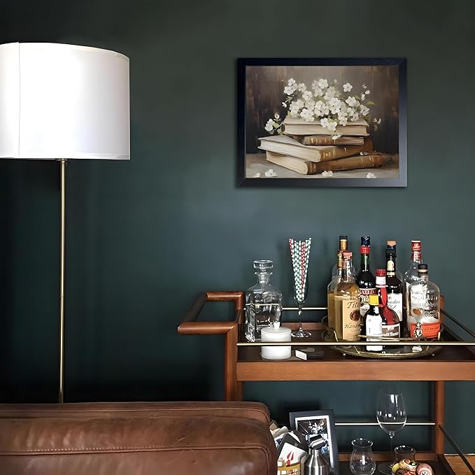 Wood Framed Canvas Poster Print Wall Art, Vintage Floral Book Wall Decor Oil Painting, Dark Academia Room Aesthetics Picture for Bathroom Classroom Dormitory room Decor 16x24 inch