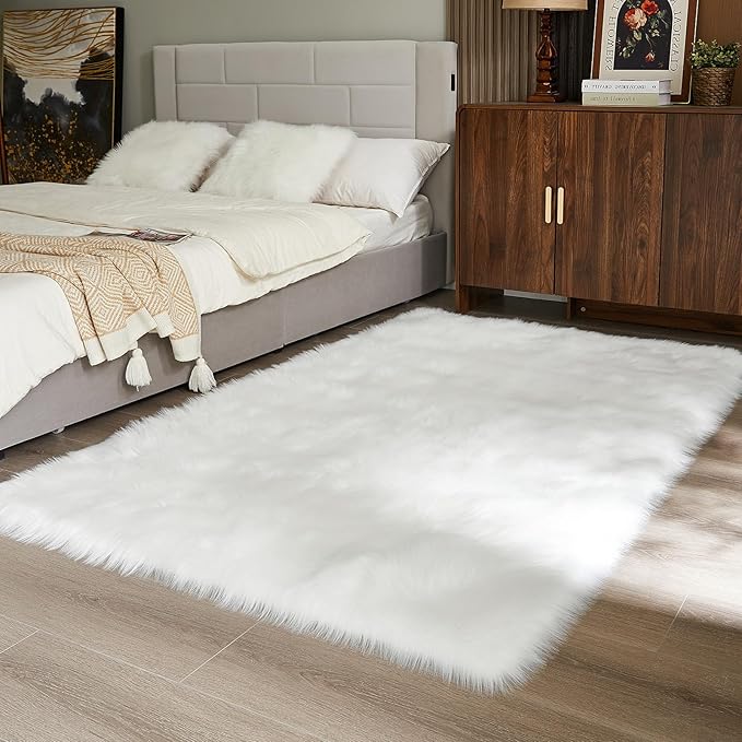 AMTOVO Faux Fur Sheepskin Rug for Living Room, 4 x 6 ft White Fluffy Area Rug for Bedroom, Playroom, Luxury Room Decor, Rectangle