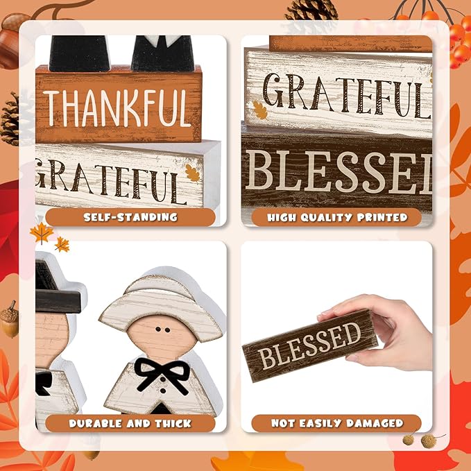 4 Pcs Fall Table Decor Pilgrim Couple Wooden Sign Thanksgiving Tiered Tray Decor Fall Centerpiece Rustic Decorative Pilgrim Block Signs Gift Farmhouse Autumn Decoration for Home Kitchen