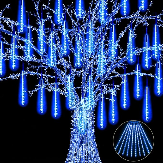 Christmas Lights Meteor Shower Rain Lights, 10 Tube 12 inch 240 LEDs Icicle Lights Outdoor Raindrop Lights for Xmas Halloween Wedding Party Tree Holiday Decoration, Blue