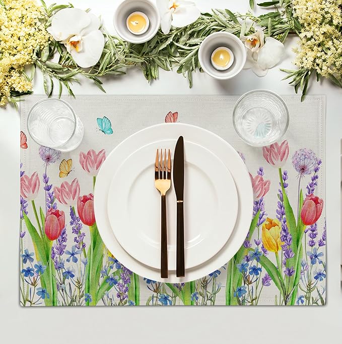 Tulip Placemats Set of 4 Spring Summer Flowers Tulips Lavender Place Mats Watercolor Floral Dandelion Butterfly Non-Slip Heat Resistant Washable Linen Table Mats for Dining Table Kitchen Decor