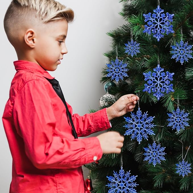 Christmas Tree Decorations Snowflake Ornaments 36Pcs Blue Silver Glitter Plastic Hanging Snowflakes from Ceiling Snow Flakes Decorating Hanging for Winter Wonderland Decorations Indoor Outdoor Decor