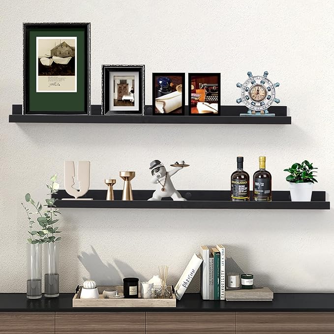 Black Floating Shelves 36 Inch Modern Picture Frame Shelf for Wall Picture Ledge Shelves with Lip Wooden Book Toy Shelves Set of 2 Bathroom Shelf Organizer for Living Room Bedroom Kitchen Wall Decor