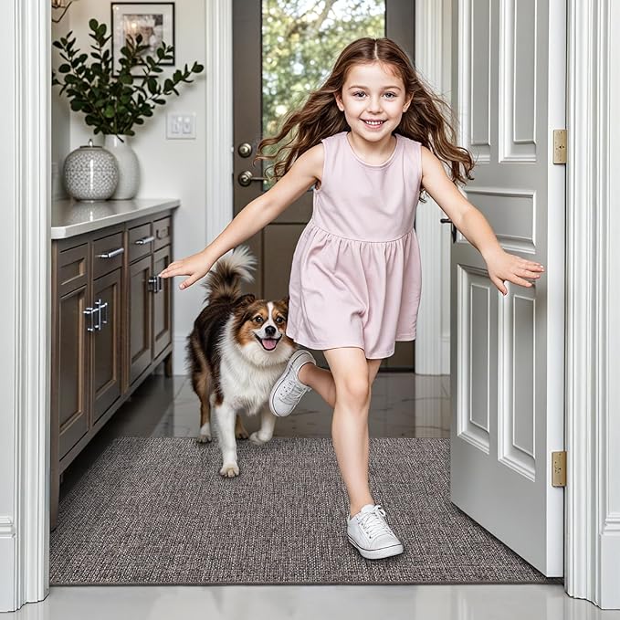 LUMI Ultra Thin Door Mat for Entryway, Low Profile Non Slip Rubber Backing Indoor Doormat, Easy Clean Welcome Entrance Mat for Inside House, Patio,Brown 24"x36"