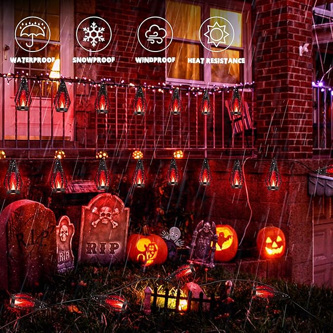 iBaycon Solar Halloween Lights, 27Ft 10 LED Bulbs Flickering Flame String Light, Outdoor Waterproof Solar Flame Lights for Garden Yard Patio Halloween Decorations (Red)
